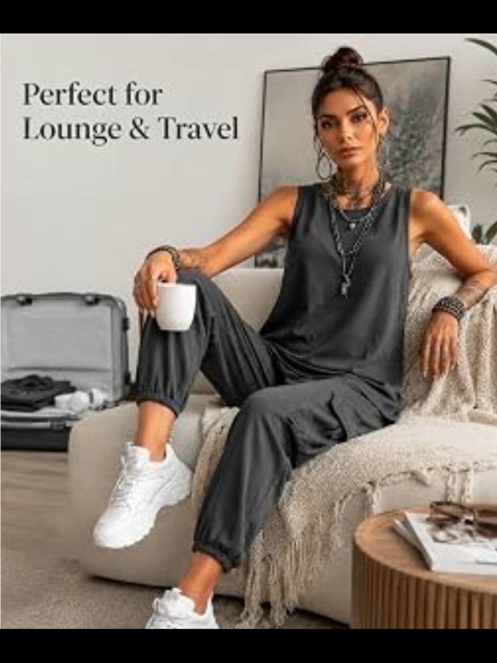 Dark Gray Sleeveless Jogger Jumpsuit - Casual Lounge & Travel